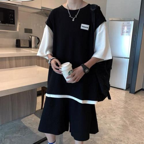 新款時尚套裝男ins運動休閒寬松網紅潮牌帥氣短袖t恤短褲二件套潮