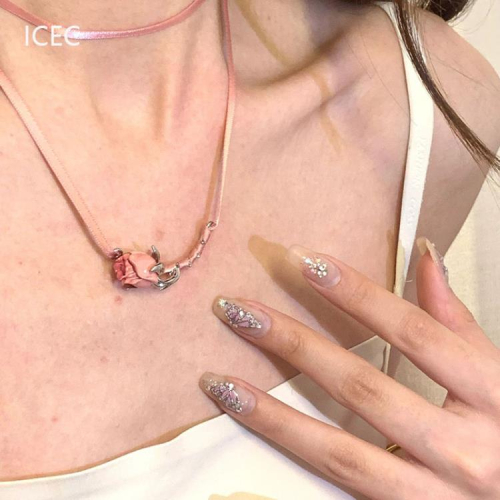 森系粉色玫瑰絲帶項鍊小眾設計高級感法式雙層鎖骨鍊choker不掉色