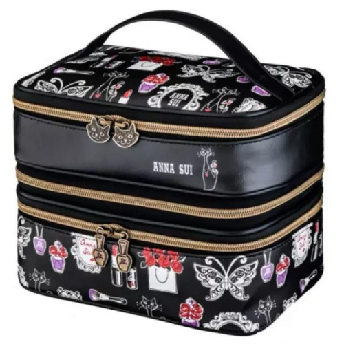 袋我走【ANNA SUI 黑色皮革手提化妝箱+貓咪吊飾兩件組】
