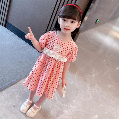 寶貝童裝女童夏裝連身裙女寶寶夏季正韓洋氣時髦花邊短袖愛心兒童裙子洋裝夏款