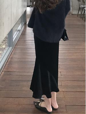 DearGod正韓女裝金絲絨不規則半身裙修身包臀裙2022新款顯瘦復古荷葉中長款魚尾裙